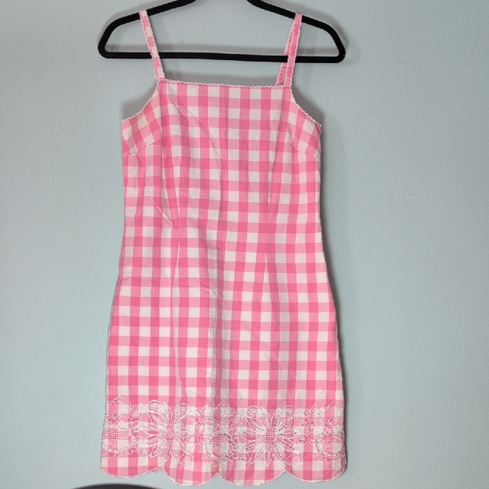 Lilly Pulitzer Dress Mini pink white gingham retro scalloped embroidered hem 6